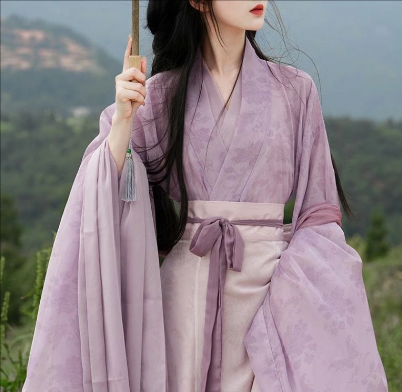 中華古代服 中華服 漢服 唐装 華流衣装 夏着 チャイナ服 中華風 無地 チャイナ風 パープル 振袖 Vネック 古典美人服 舞台衣装 ステージ衣装 チャイナドレス グラデーション シフォン イベント