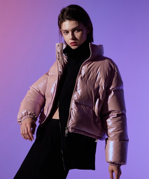 グロッシー クロップ プッパー ダウンジャケット (ピンク/ベージュ)