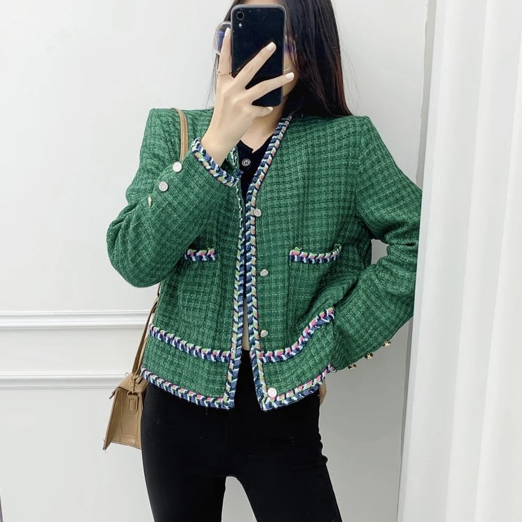 ジャケット レディース ノーカラージャケット ストライプ ワッフル 格子 バイカラー パイピング ポケット装飾 バイカラー ツイード Vネック ショート丈 アウター ミディアム丈 lout0070