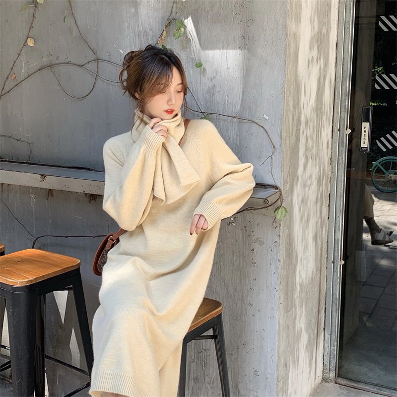 ニットワンピース レディース ロングワンピース 秋 ニット 2点セット マフラー 結婚式ドレス 上品