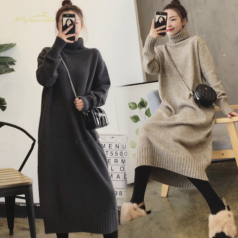 マタニティ レディース ロング セーター 妊婦服 無地 タートルネック