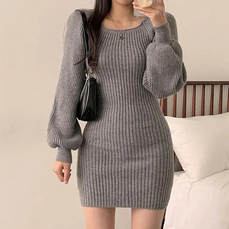 レディース スクエアネック パフスリーブ 韓国風 セクシー 秋冬 着痩せ 新作 無地 ワンピース ニット ワンピース 凄く人気がある スリム ニット 5,011円