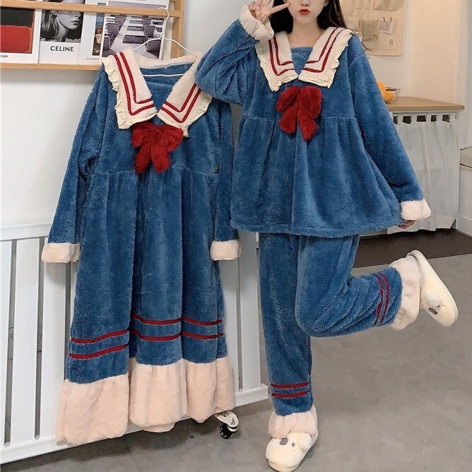 パジャマ レディース セーラー服 ワンサイズ 秋 冬 セットアップ コーラル ベルベット リボン