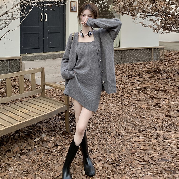 セットアップ レディース ニット ワンピース S M L 韓国 キャミワンピ カーディガン ミニ ミニ丈 ショート ショート丈 長袖 Vネック 2点セット ツーピース かわいい 大人可愛い カジュアル 5,880円