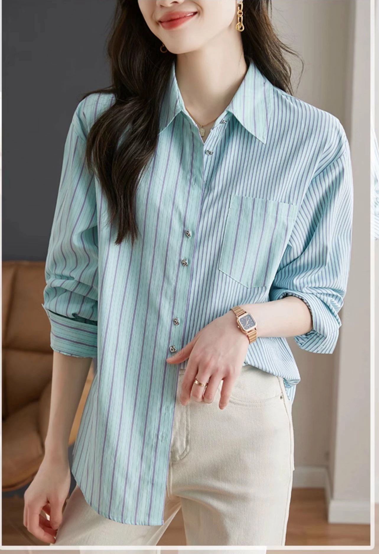 新入荷！【大好評/】レディース トップス シャツ 長袖 Vネック ストレート ボタン きれいめ シンプル 上品 おしゃれ かっこいい 個性的 ストライプ オフィス 通勤 通学 デート お出かけ 普段使