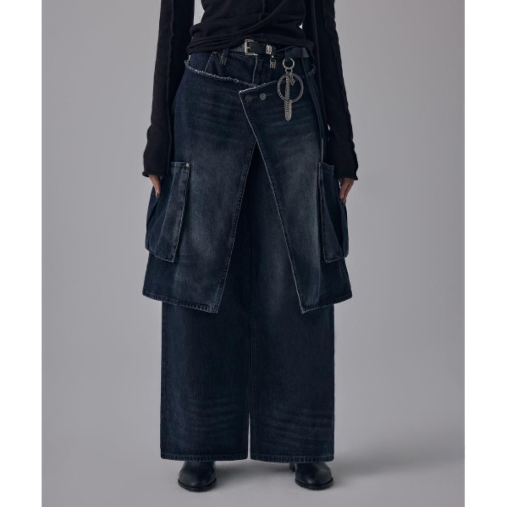 TREEMINGBIRD Layered Wrap Skirt Denim Cargo Pants Dark