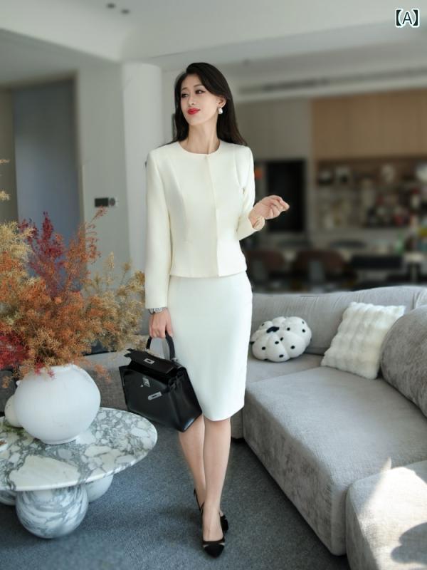 ビジネス　スーツ　ジャケット 2025 春夏 ホワイト スーツ セット レディース 職場 フォーマルウェア 高級 スモール ショート コート ラウンドネック OL 8,597円