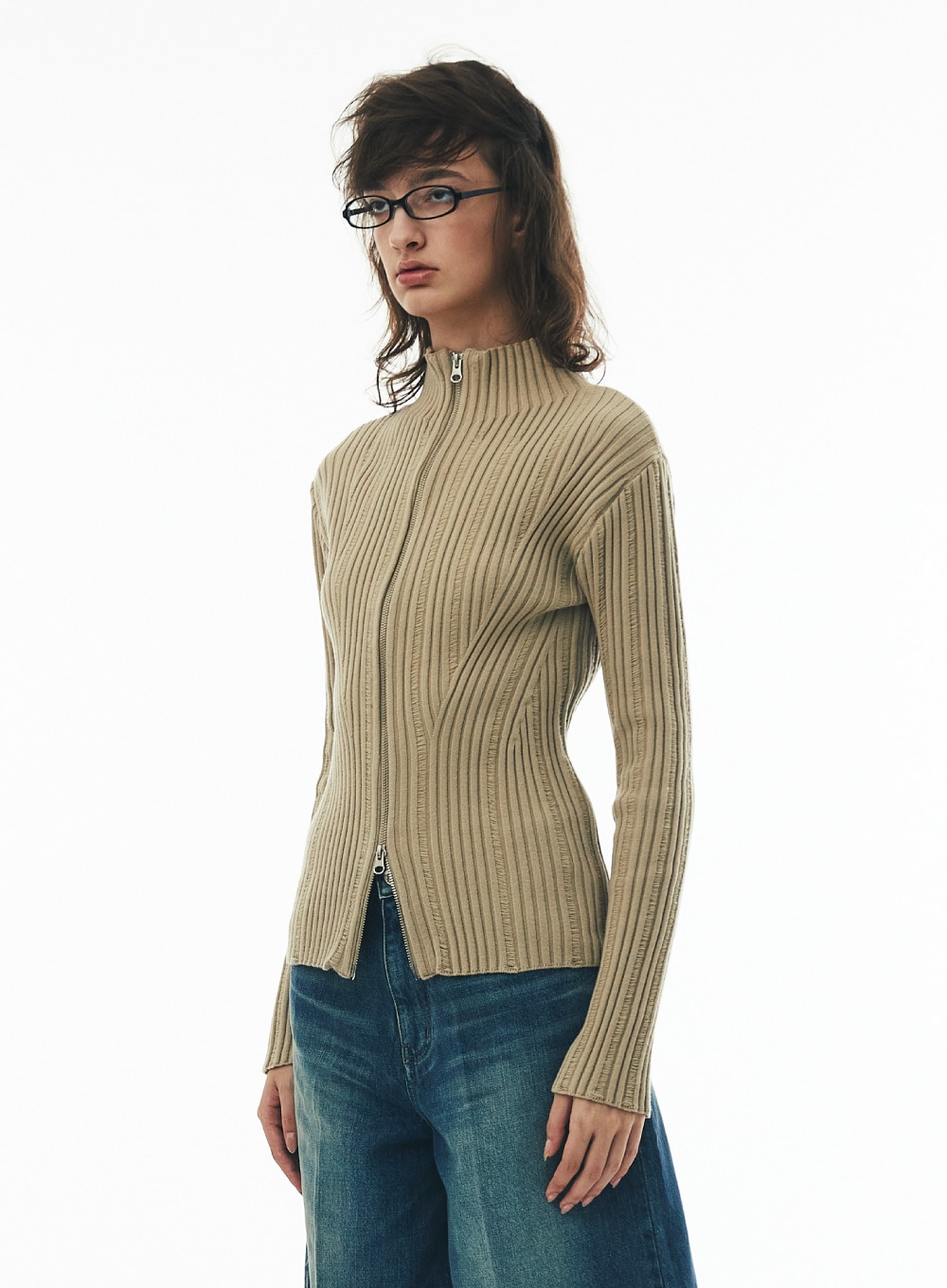 【SATUR】 NOVE DESTROYED 2WAY KNIT ZIP-UP : SAND BEIGE