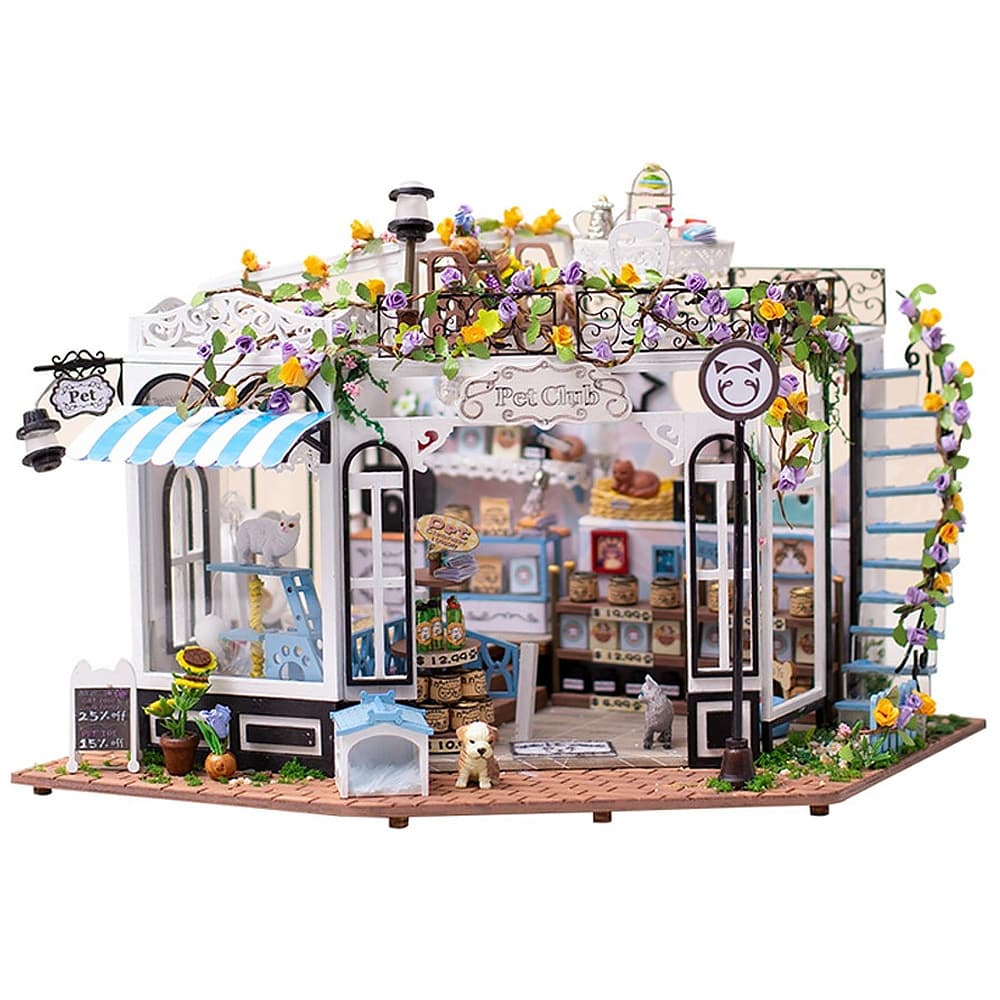 1/24 ドールハウス ミニチュア 手作りキット セットお花 がたくさんの ペットショップ 猫 犬 動物 花 フラワー ひまわり LEDライト + アクリルケース + アニマル フィギュア 付