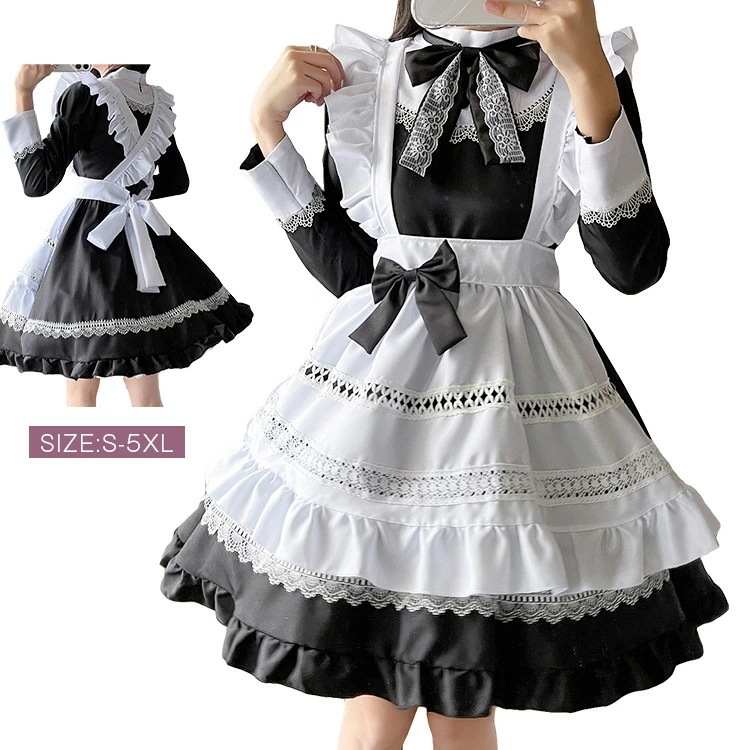 ロリータ メイド レディース ワンピ コスプレ ワンピース メイド服 正統派メイド 長袖 フリル ボウタイ レース ミニ丈 学園祭 文化祭 コスチューム ショート 膝上 ひざ上 メイド かわいい ロ