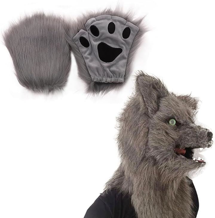 仮装 コスプレ ハロウィン かぶりもの マスク 手袋 狼 オオカミ 被り物 口が動く グレーマスクx1 グレー手袋x1( グレーマスクx1，グレー手袋x1)