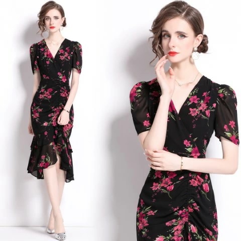 ひざ丈ワンピース ミディアム丈ワンピース 半袖 花柄 Vネック ドレス 二次会 披露宴 懇親会大きいサイズ レディース 春夏 結婚式 きれいめ タイト フォーマル 大人 上品 チュニック one-pi