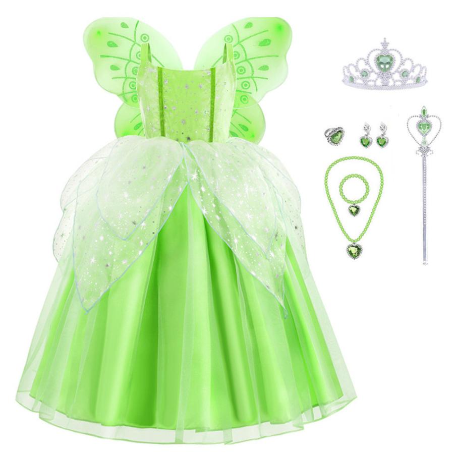 2024新作先行発売ティンカーベル ドレス 子供 コスプレ 衣装 豪華８点 セット ( ドレス 妖精の羽 ティアラ ステッキ ネックレス イヤリング 指輪 腕輪 ) 100 110 120 130 1