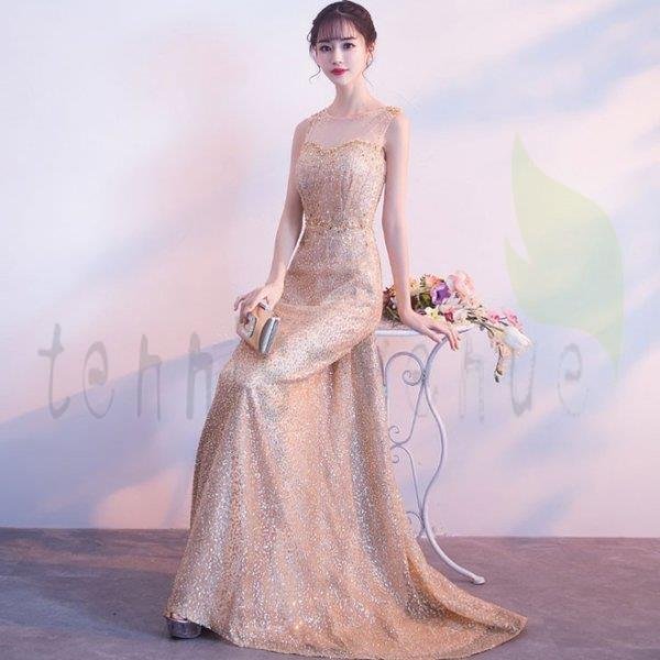 レディース フォーマルドレスノースリーブ 金色ロング丈 引き裾 体型カバー 着痩せ 上品 気質優雅 結婚式 演奏会 パーティドレス ファスナー