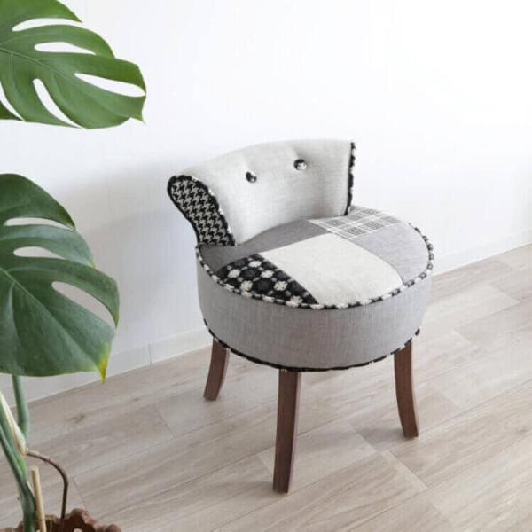 椅子 チェア スツール レトロ かわいい パッチワーク アンティーク いす イス ソファ 1人掛け 1点もの 座面高さ43cm ライトグレー