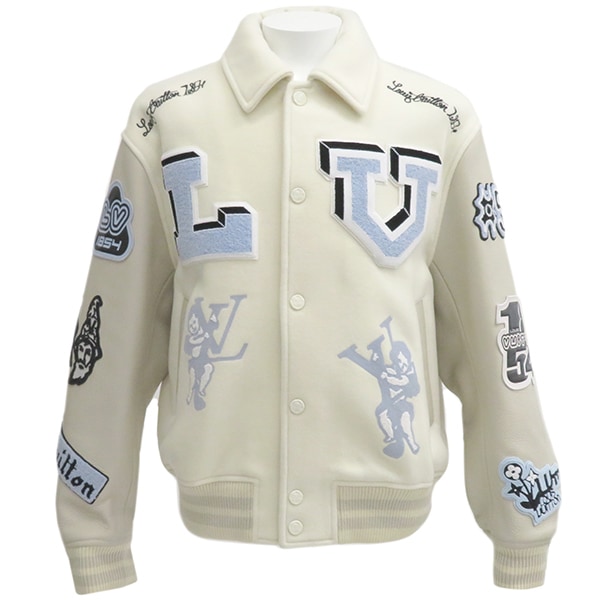 ルイヴィトン LOUIS VUITTON スタジャン マルチパッチ ミックスドレザー バーシティ ブルゾン ウール 牛革 ホワイト 48 シルバー金具 白 ジャケット RM222 MJY HNL91E