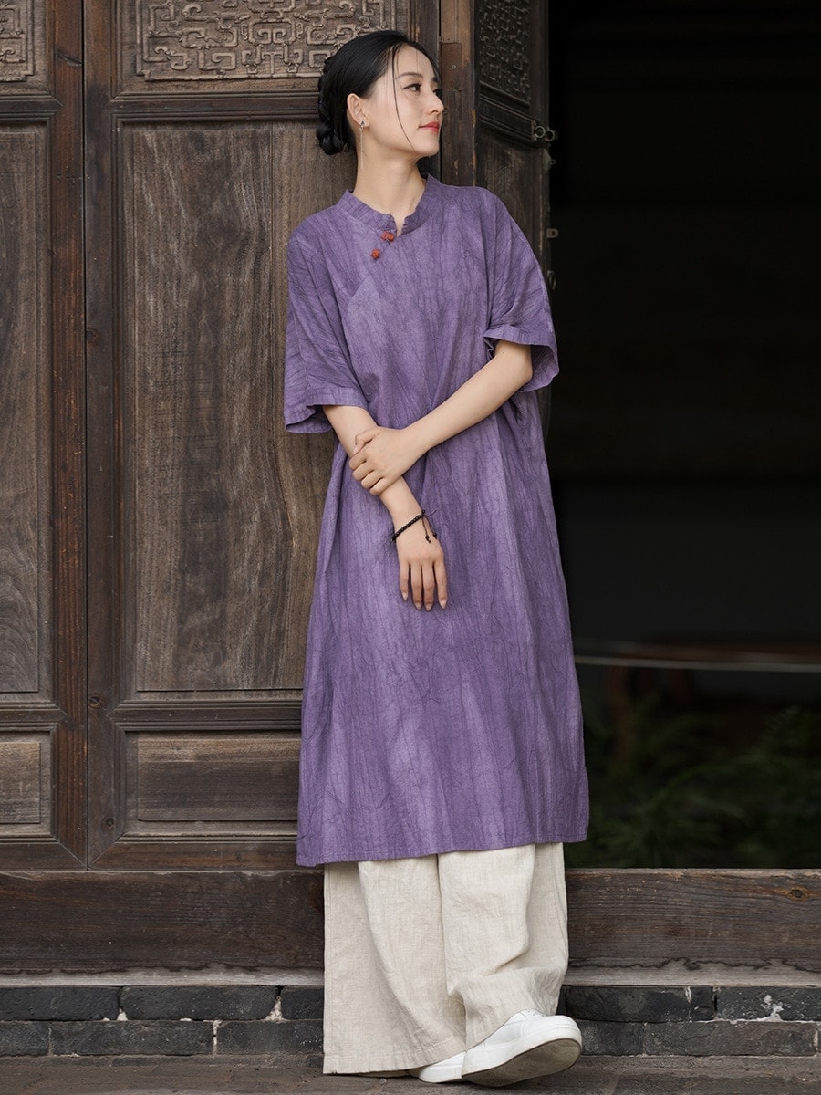 【急速出荷】韓国 ワンピース 夏 2025夏婦人服チャイナドレス染めゆったり遮肉スタンドカラー斜め襟ワンピース レディース パーティードレス シャツワンピース