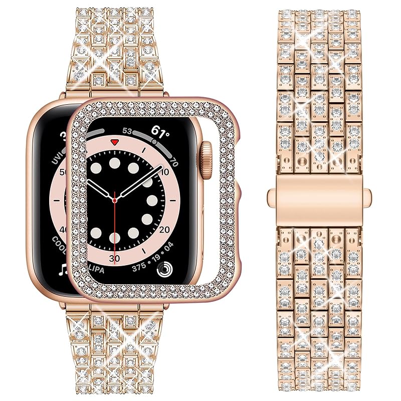 wutwuk キラキラ コンパチブルApple Watch バンド 38/40/41/42/44/45mm PCケース付 ジュエリー メタル交換バンド iWatch SE SE2 9/8/7/6/5/