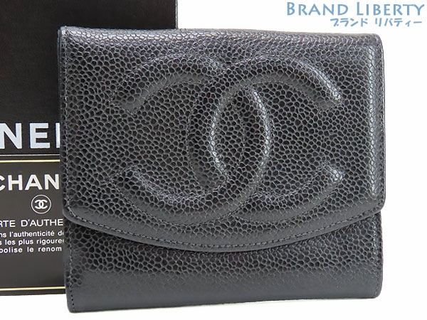 外美品シャネルヴィンテージココマークキャビアスキンWホック財布両面財布コンパクト財布ブラックA01427