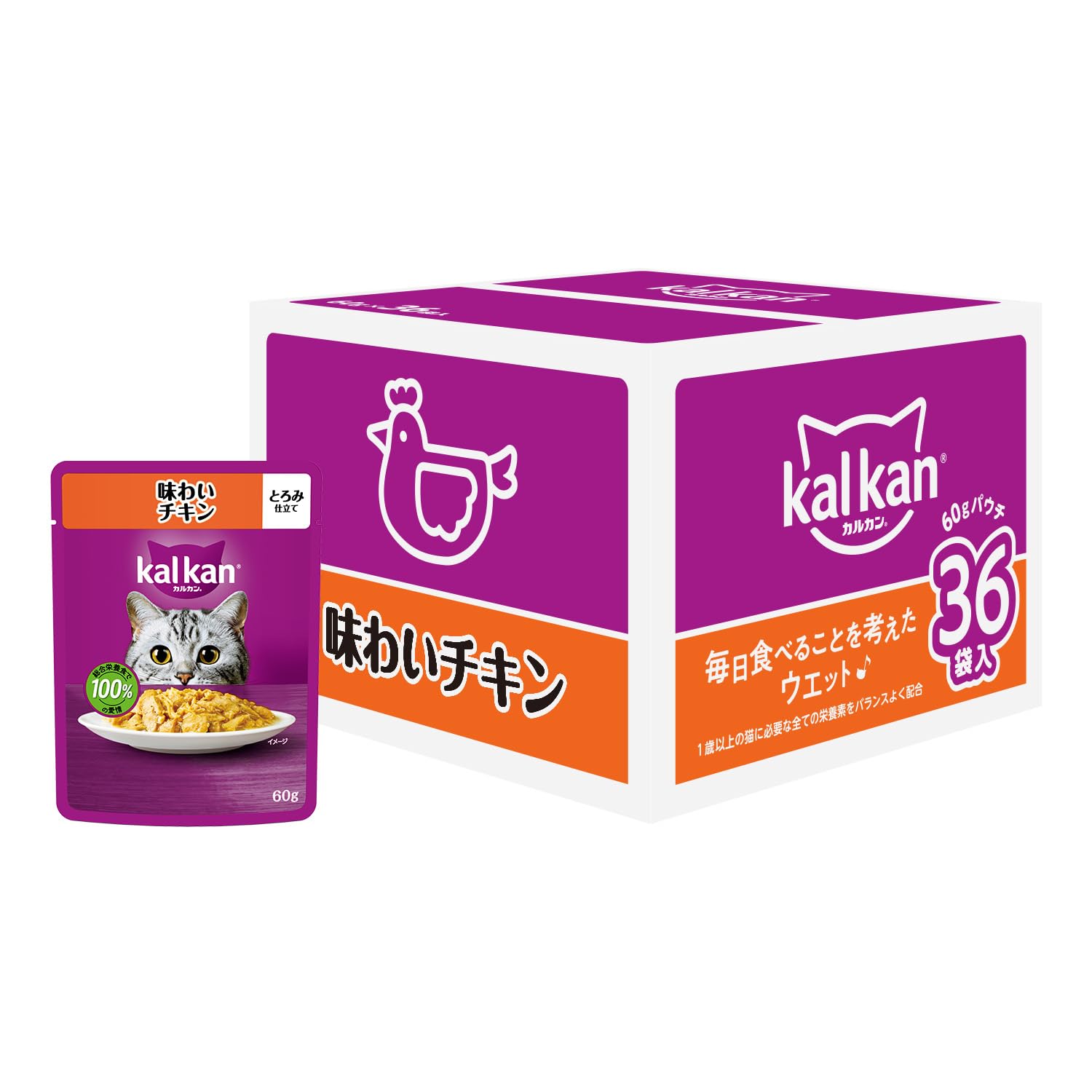 カルカン パウチ 1歳から 60g×36袋 味わいチキン 成猫用 ウェットフード キャットフード 総合栄養食 水分補給 毎日食べることを考えたウェット 猫 kal kan 大容量 まとめ買い 新カルカ