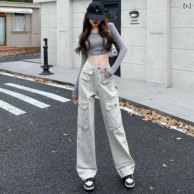 レディース カジュアル パンツ ボトムス ズボン スタイリッシュ サンドホワイト アメリカン レトロ カーゴ ストリート 女性 秋冬 ハイウエスト スリム ワイド レッグ ストレート