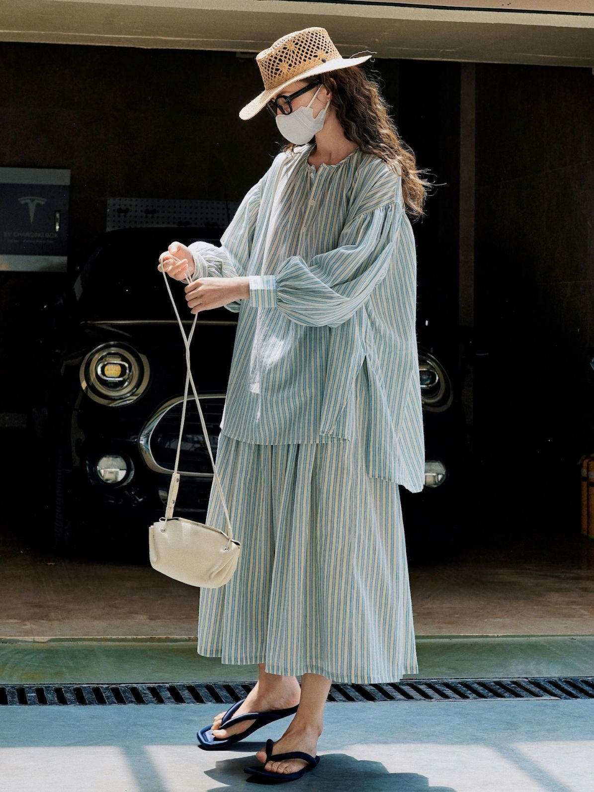 夏新作爽やかストライプランタンスリーブシャツゆったり快適日焼け止め薄手イミテーションリネントップスゆったり爽やかイミテーションリネンストライプビスチェスカートゴムゆったり薄手傘スカートロングスカート