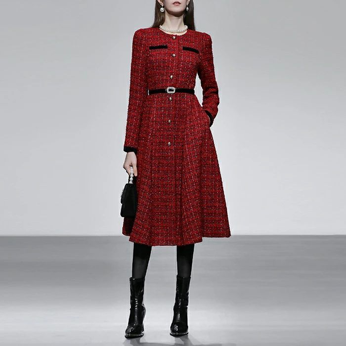 ワンピ 可愛い Aライン 50代 20代 ひざ丈 お呼ばれ 40代 ハイウエスト 秋 オケージョン レッド レディース ミモレ丈 長袖 フェミニン カジュアル 赤 エレガント 30代 体型カバー 上