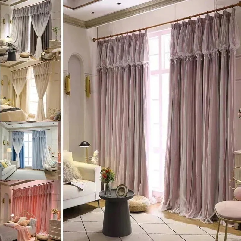 5色 遮光カーテン+レース プリンセス風 断熱 遮光 省エネ無地 レースカーテン UVカット防音