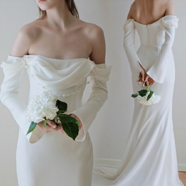 花嫁 ウェディングドレス ファスナー 長袖 肩出し シンプル マーメイドドレス 白ドレス 結婚式 二次会 披露宴 前撮り 後撮り 撮影用 ビーチフォト フォト婚 ドレス ロング ト 小さいサイズ