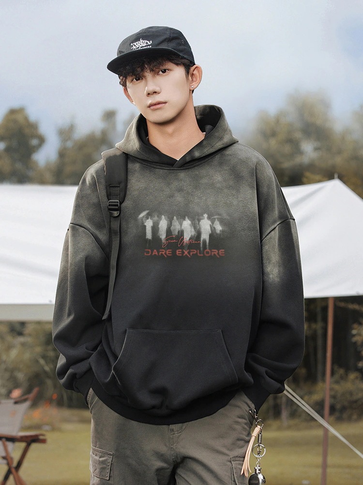 400g水洗グラーデションパーカー秋冬スウエット人影アルファベットプリント上着Tシャツ秋アウター30%制限