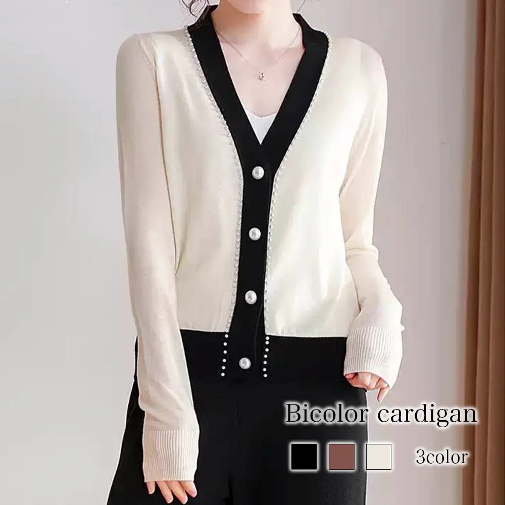 カーディガン レディース バイカラーカーディガン ベージュ ブランド 厚手 ロング あったか ゆったり ニット ケーブル きれいめ 人気 大きいサイズ ジャケット 丸首 長袖 黒 Vネック ショート丈