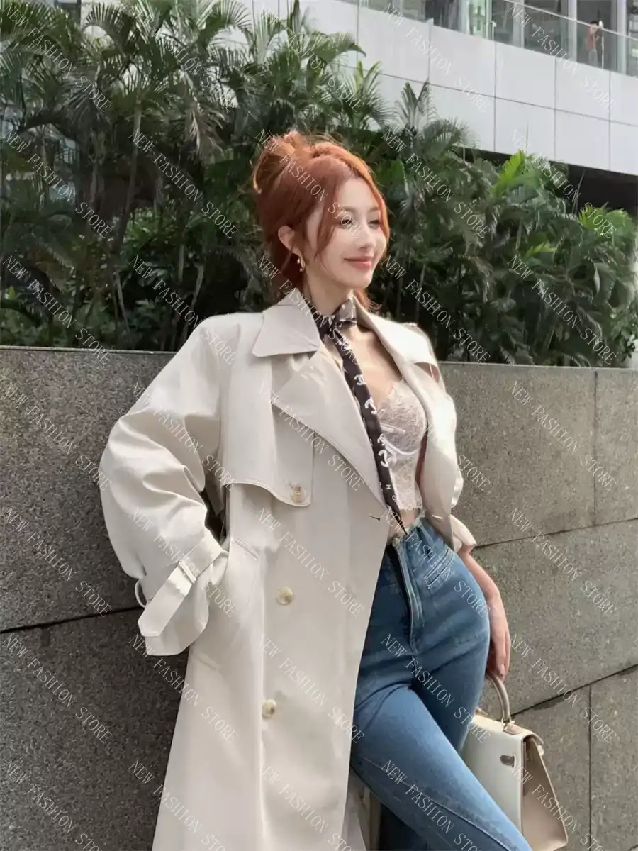 トレンチコートレディース秋ミディアムカジュアルニーカーディガンコート-15