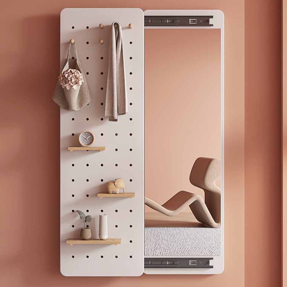 壁掛け鏡 玄関 寝室 姿見鏡 全身 おしゃれ 収納ボード付き ミラーが隠せる 有孔ボード ペグボード飛散防止加工 インスタ映え 木製 収納 スライドして隠す 飛散防止加工 スリム ロング ミラー 鏡