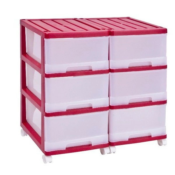 完成品 収納ケース プラスチック 引き出し 深型 3段 2個組 おしゃれ レッド キャスター付き