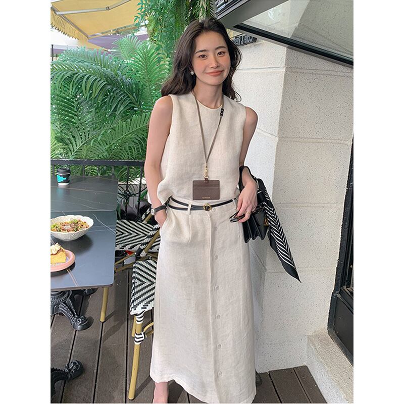 ハイエンドリネンラウンドネックノースリーブトップ女性の夏の新しい2025スリムミッドレングスaラインスカートツーピーススーツ