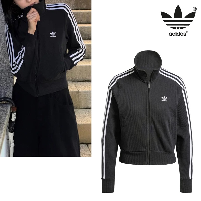 IY7278 Firebird Knit Track Top 3ストライプ ブラック レディース 韓国コーデ 春秋 デイリー ジップアップ リブ編み コーデ提案 キャップ パンツ 春 通学 通勤 旅行