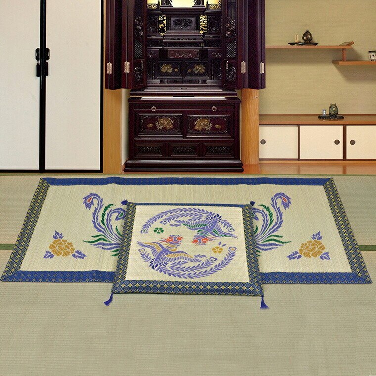 御前ござ 上敷き 畳 畳み 1畳 夏 国産 鳳凰 88x180cm 菊紋 菊柄 不織布の収納袋付き 法要 法事 仏前 仏壇 お盆用品 お寺さん お寺様 お彼岸 夏用