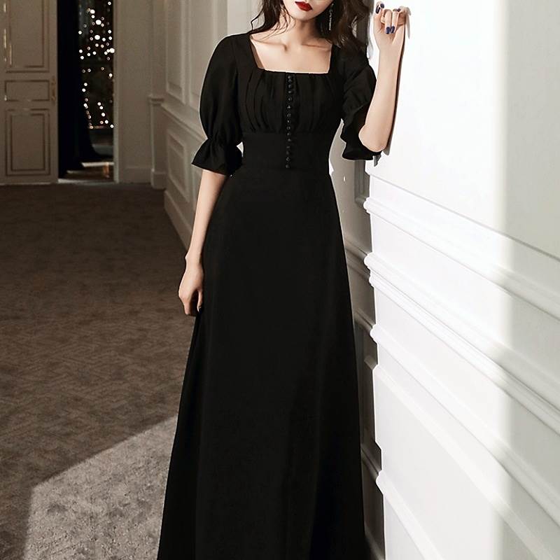 人気新作 ドレス レディース パーティードレス ワンピドレス ドレスワンピース カジュアル ランタンスリーブ フリル ギャザー ボタン スクエアネック Aライン ロング 無地 シンプル 半袖 5分袖