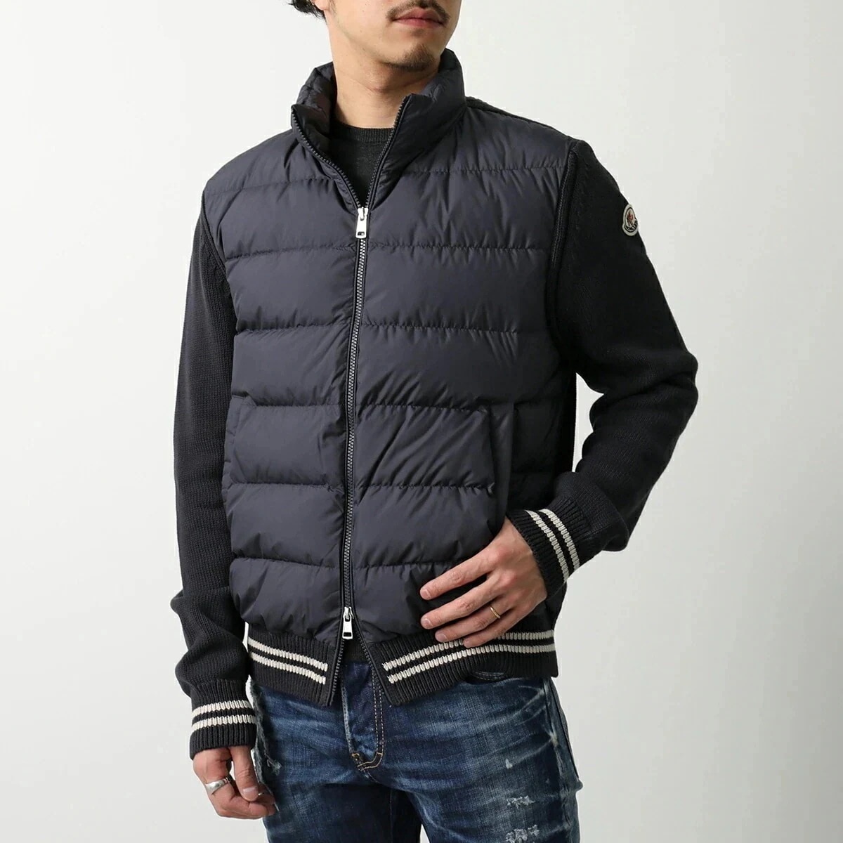 MONCLER モンクレール ライトダウンジャケット 9B00001 M1509 メンズ カーディガン アイコンパッチ ニット切替 スタンドカラー 779