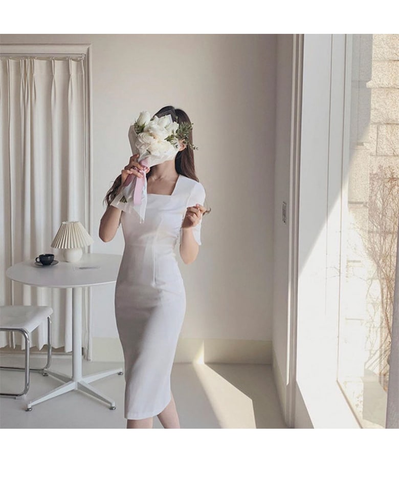 レディース スクエアカラー フランス レトロ 白い ドレス 女性 ドレス 半袖 スリムフィット ホワイト XS S M L かわいい 大人可愛い きれいめ シンプル カジュアル 大人 上品 おしゃれ