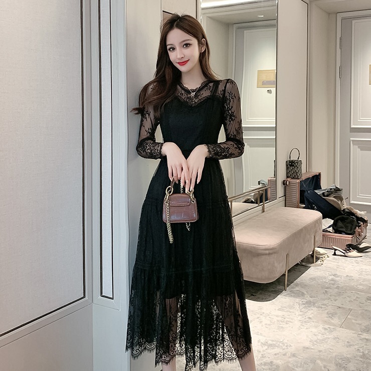 ドレス レディース ワンピース スカート フレアスカート フレアワンピース ワンピドレス ロング丈 ミディアム丈 長袖 ラウンドネック フレア Aライン 細身 レース フリル ハイウエスト 透け感