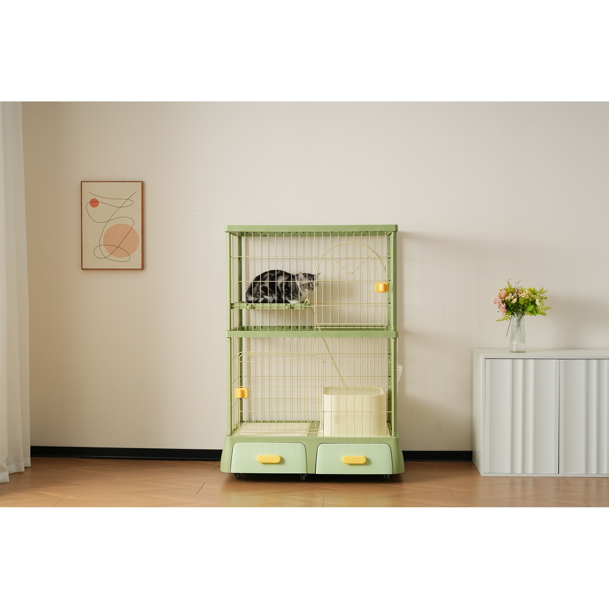 【大好評！最安値挑戦!】猫 掃除しやすいトレーケージ キャットケージ 2段 多頭飼い 引き出しトレー 自由組み合わせ 猫ドア キャットハウス ペット ゲージ 猫 ゲージ 大型 キャスター付きネコ ハウ