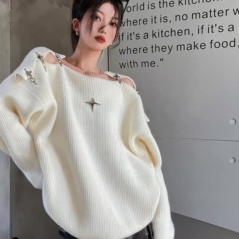 バックル付きセーター カットアウトニット トップス セーター ニット ルーズ 秋冬 オフショルダー ビッグネック Y2k 肌見せニット レディース 可愛い オシャレ a5032