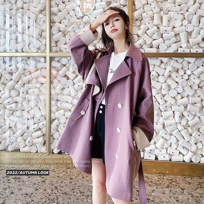 女性用スリムフィットウインドブレーカージャケット新しい韓国スタイルの小さなダブルブレスト気質スリムウインドブレーカージャケット女性用