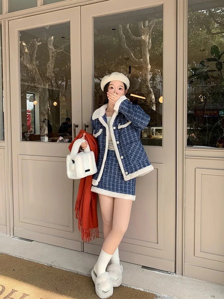 ファー襟チェック柄トップス付きレディース冬ハイウエストスリムスカートスーツ