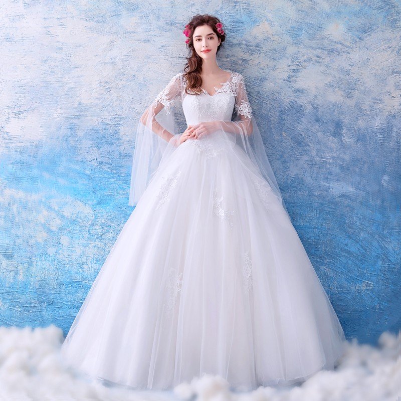 ウェディングドレス 袖あり 白 ウエディングドレス 花嫁 ブライダル 結婚式 ロング パーティードレス 二次会 エンパイア イブニングドレス 大きいサイズ