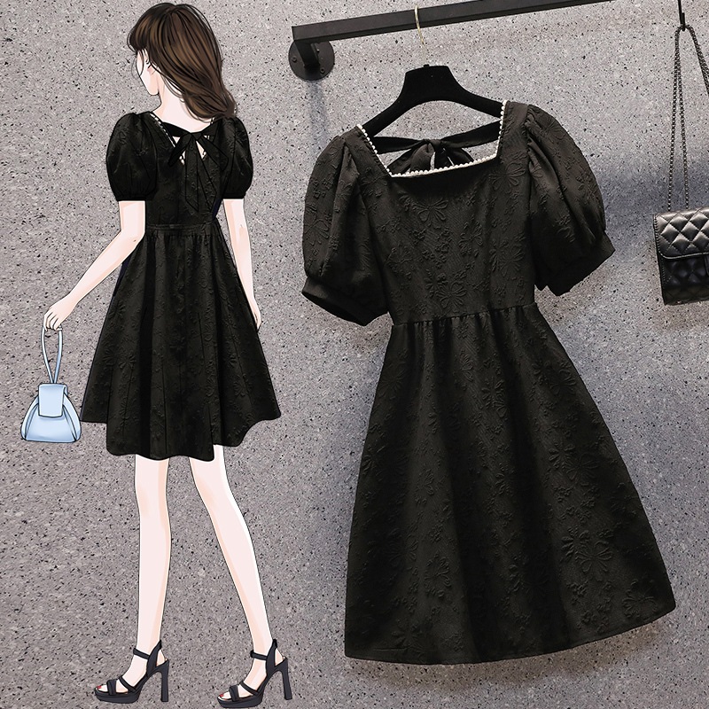 ワンピース フレアワンピース 膝上 半袖 パフスリーブ スクエアネック フレア バックリボン バックシャン バックコンシャス ハイウエスト かわいい シンプル おしゃれ 大人女子 こなれ感 ラブリー