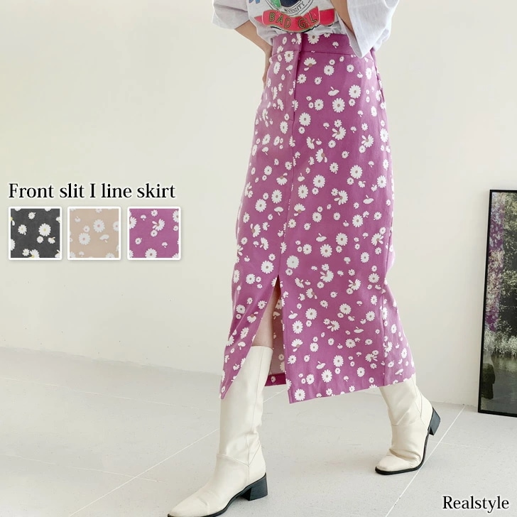 花柄フロントスリットコットンツイルIラインスカート レディース ボトムス タイトスカート 膝下