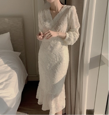 レトロ風 スカート ワンピース ブラウス ワンピドレス 膝下 ミモレ ミモレ丈 袖あり 7分袖 七分袖 Vネック 襟なし セミフレア タイト Aライン マーメイド レース リボン ウエストマーク