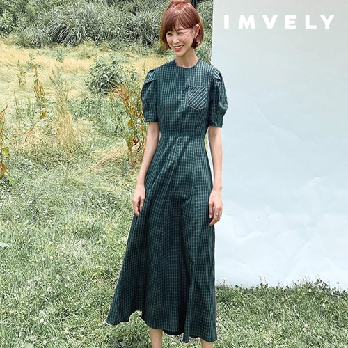 [IMVELY イムブリー公式] リバースチェックポケットロングワンピース 韓国ファッション